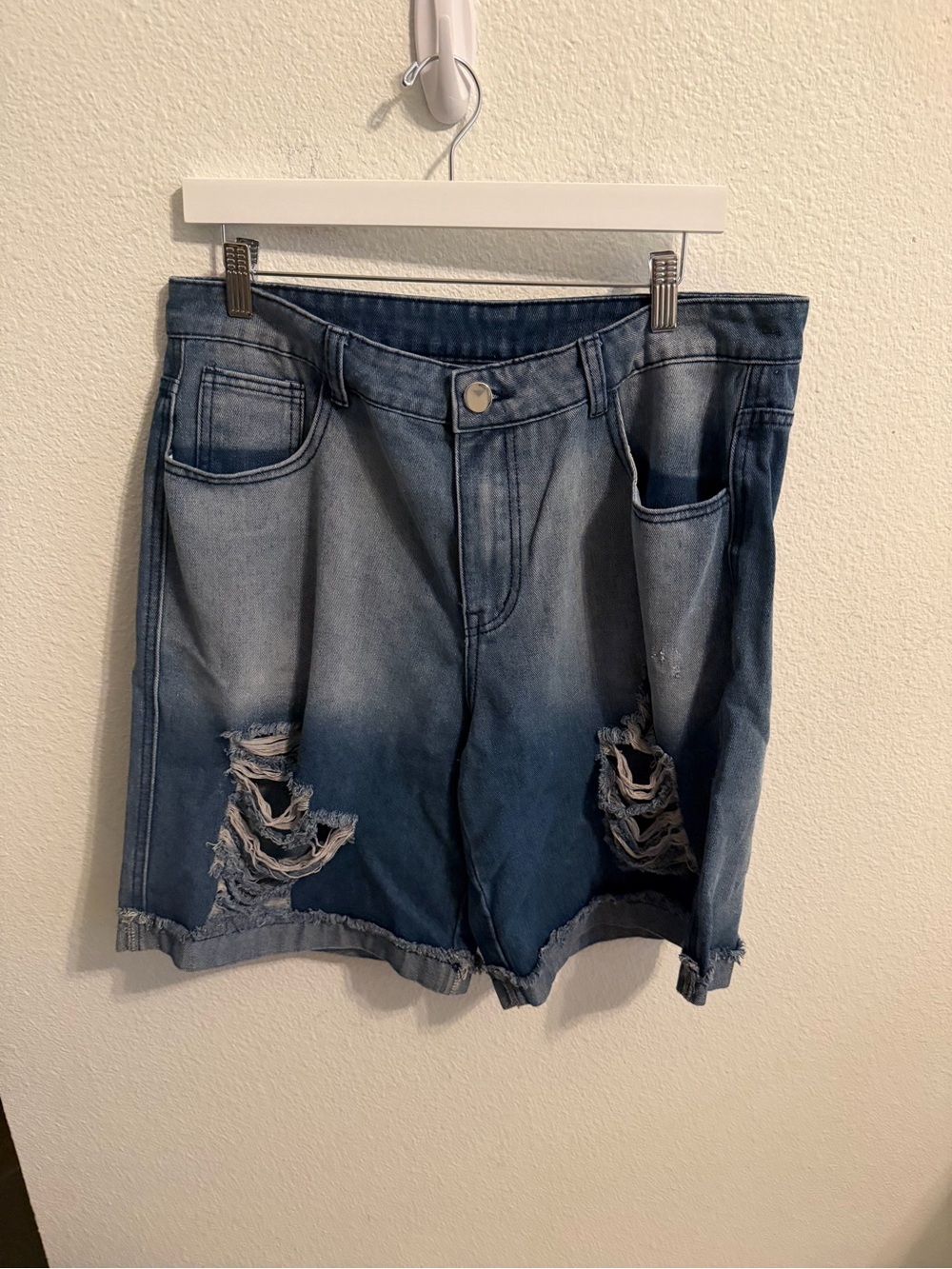 Women's Distressed Mid-Blue Denim Shorts
